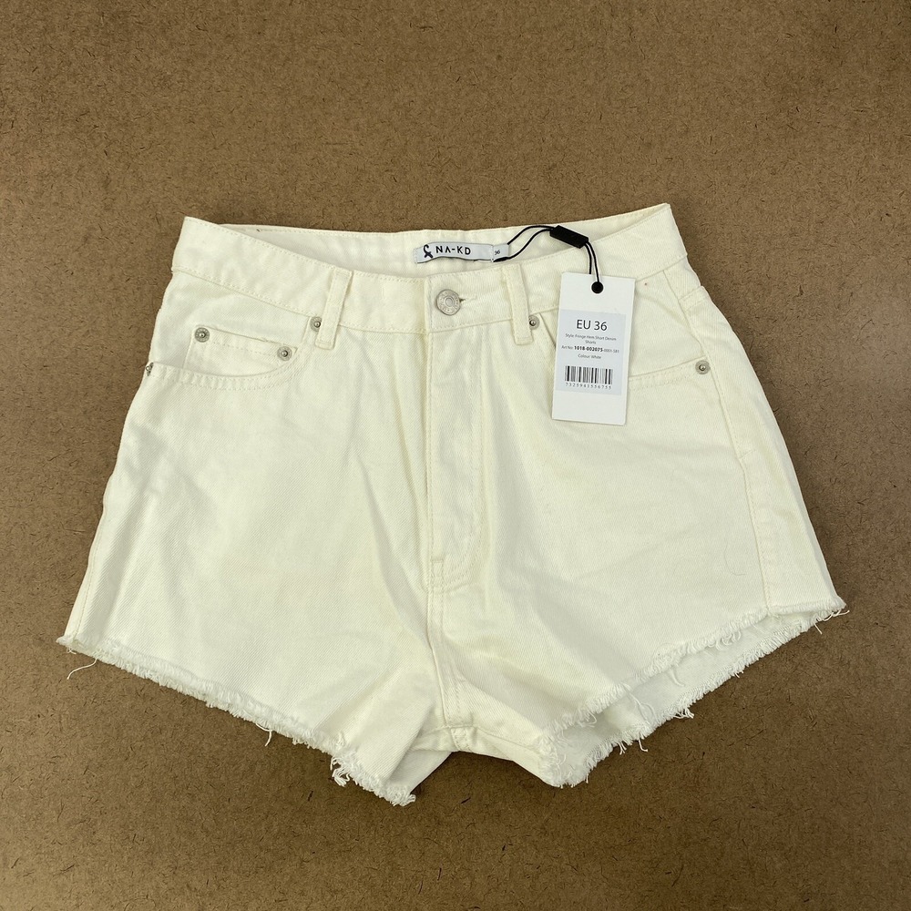 NA-KD Women's Size 6 White High Rise Fringe Hem Denim Shorts NWT